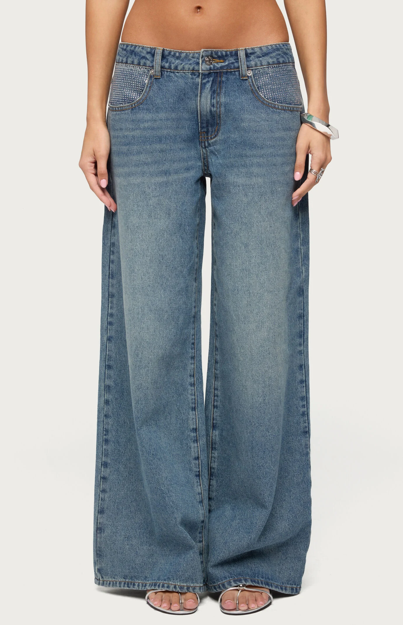 Edikted Rhinestone Low Rise Wide Leg Jeans