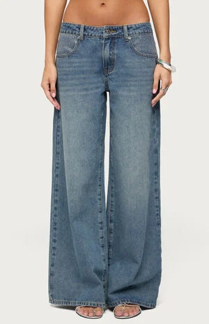 Rhinestone Low Rise Wide Leg Jeans image number 1