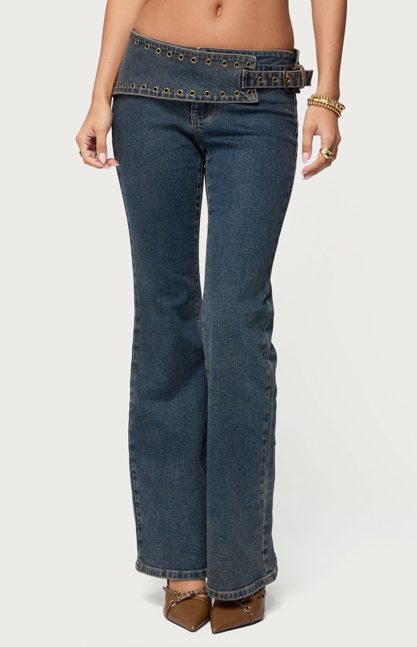 Edikted Asymmetric Grommet Belt Low Rise Flare Jeans