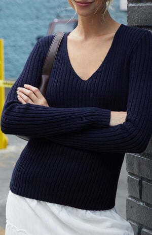 Blue V-Neck Long Sleeve Sweater image number 2