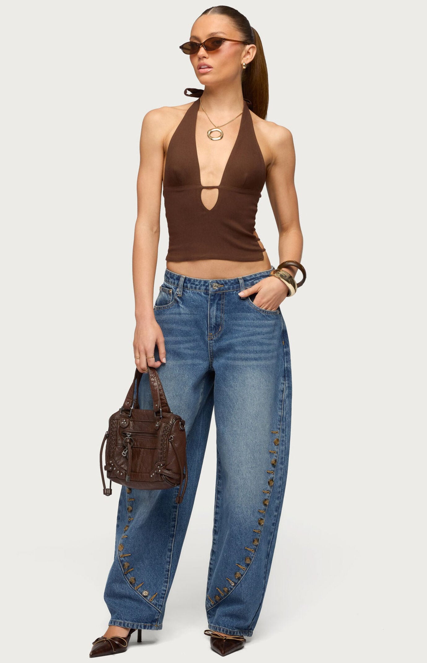 Edikted Button Stitch Low Rise Barrel Jeans