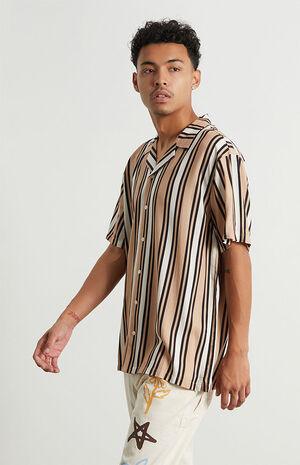 Tan Stripe Woven Camp Shirt image number 3