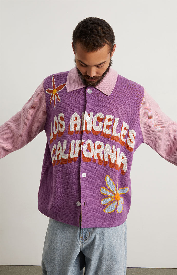 Purple button down sweater hot sale