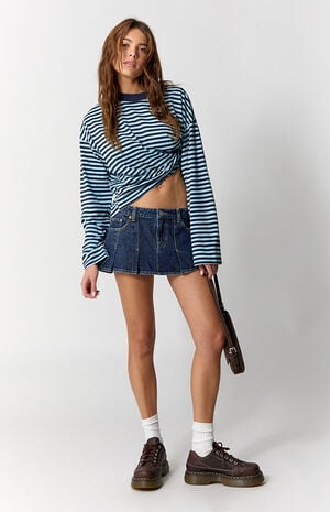 Piper Dark Blue Pleated Low Rise Jean Micro Skirt image number 6