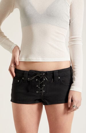 Tatum Ultimate Low Rise Denim Micro Shorts Stretch Lace-Up Black image number 5