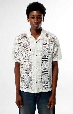 Cream Open Knit Oversized Resort Camp Shirt