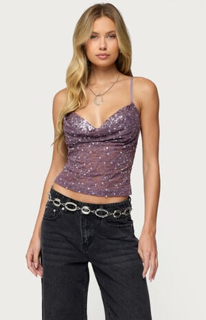 Sequin Layered Bra Cowl Neck Top image number 1