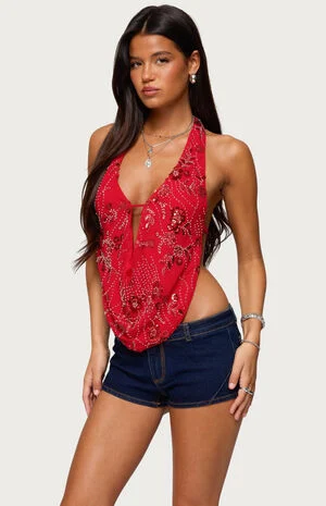 Beaded Chiffon Backless Cowl Neck Top image number 2