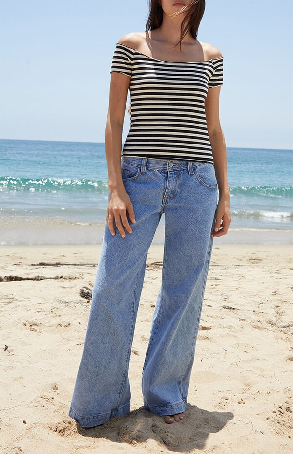 John Galt Black & White Striped Bonnie Off-The-Shoulder Crop Top