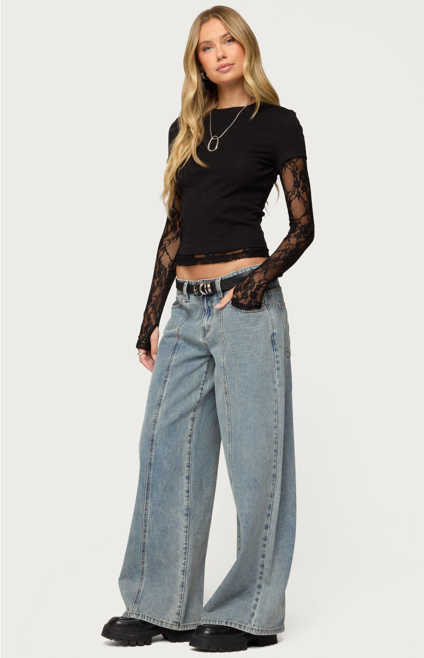 Edikted Layered Lace Sleeve T-Shirt