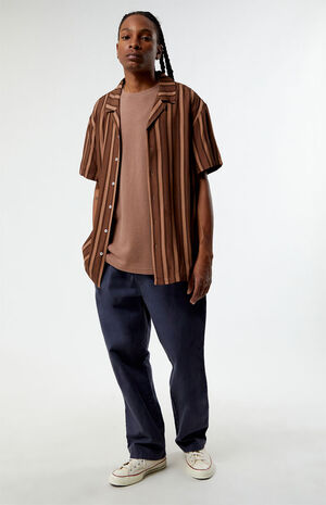 Brown Viscose Stripe Camp Shirt image number 3