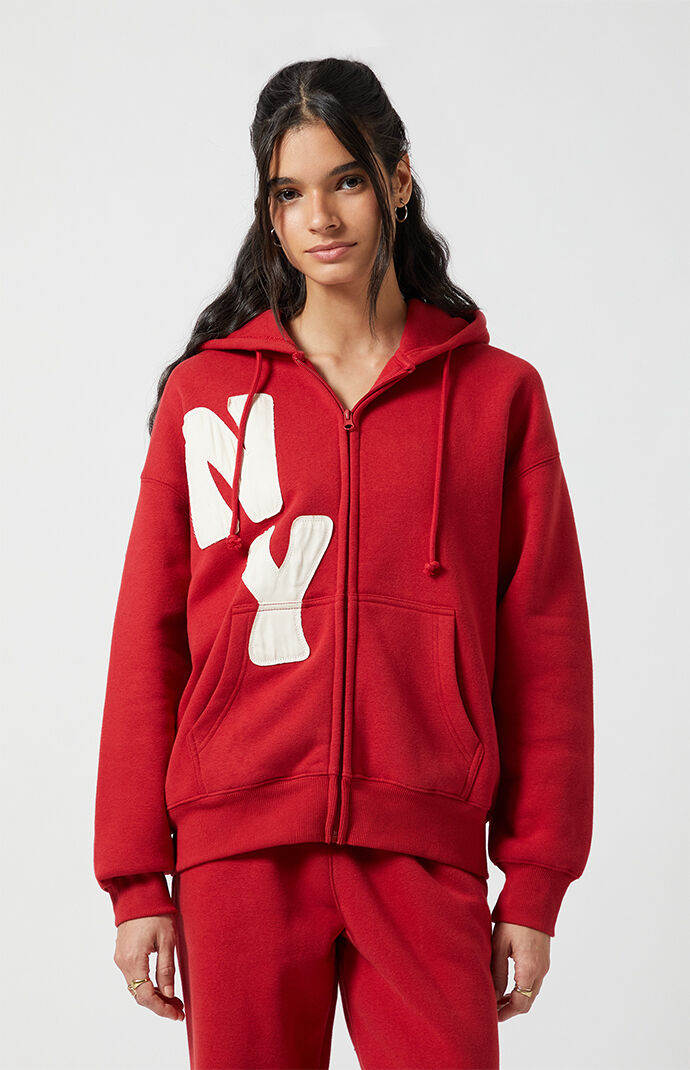 Pacsun Red Big NY Applique Zip Up Hoodie