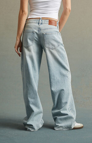 Tinted Light Indigo Rhinestone Belt Low Rise Baggy Jeans image number 5