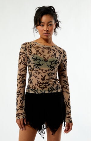 By PacSun Tattoo Print Mesh Long Sleeve Top