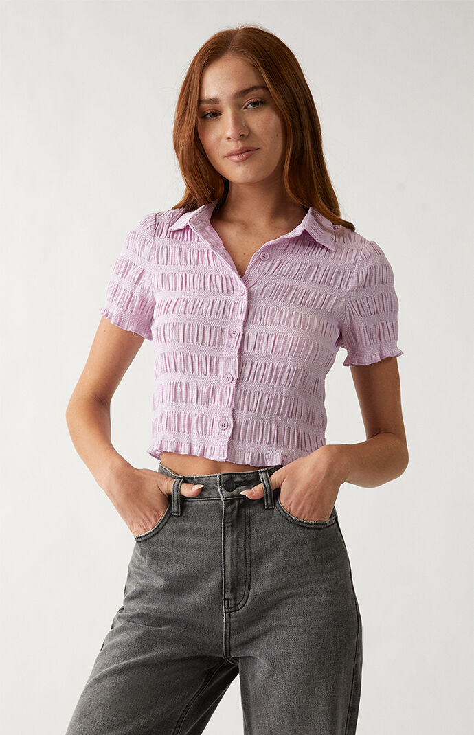 Shirred Smocked Button Down Shirt
