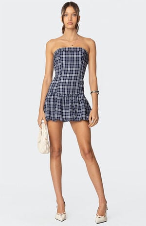 Plaid Strapless Bubble Mini Dress image number 1