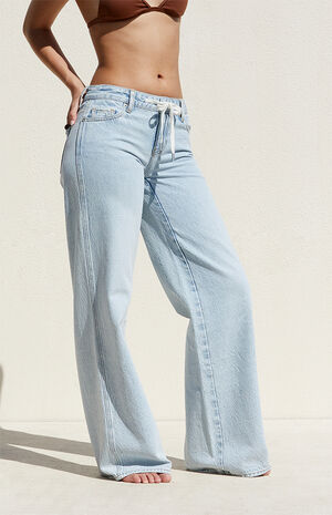 Light Indigo Drawstring Low Rise Baggy Jeans image number 3