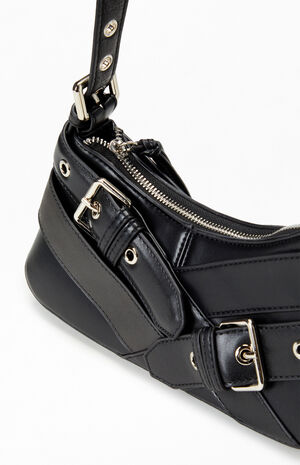 Black Faux Leather Cross Buckle Shoulder Bag image number 4