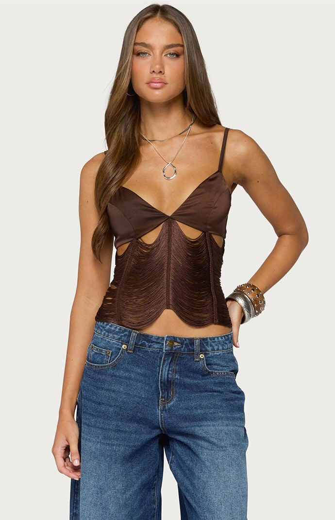 Edikted Dulcy Cutout Fringe Satin Top