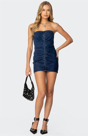 Ruched Strapless Denim Mini Dress image number 5