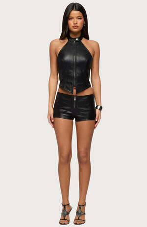 Diana Zip Up Faux Leather Halter Top image number 4