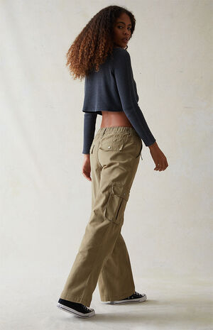 Olive Drawstring Waist Baggy Cargo Pants image number 6