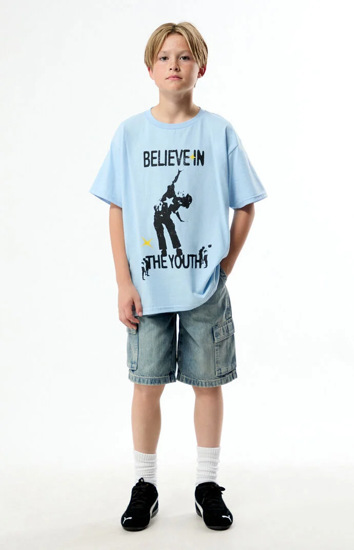 Pacsun Kids Extreme Baggy Denim Shorts Cargo Medium Blue Tint