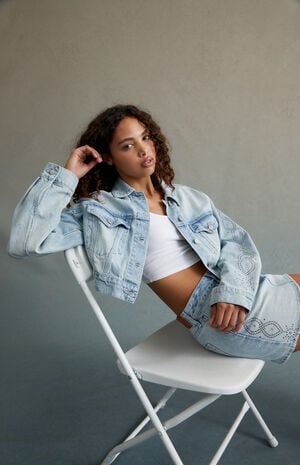 Studded Cropped Denim Trucker Jacket
