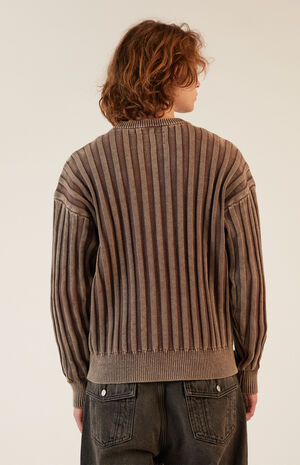 Brown Wide Ribbed Knit Crew Neck Sweater image number 3