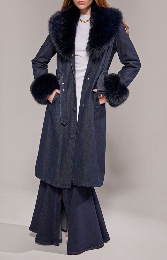 AZALEA WANG Kaya Dark Denim Faux Fur Trench Coat