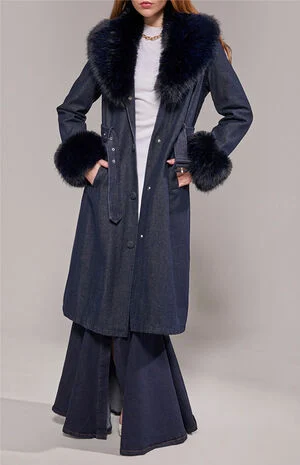 Kaya Dark Denim Faux Fur Trench Coat image number 1