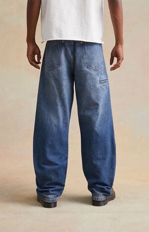 Medium Indigo Rhinestone Studded Baggy Jeans image number 4