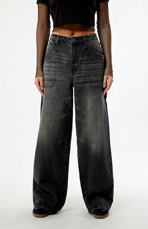 Black Double Pocket Wide Leg Baggy Jeans image number 2