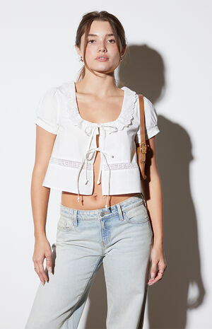 Short Sleeve Tie Front Embroidered Top image number 1