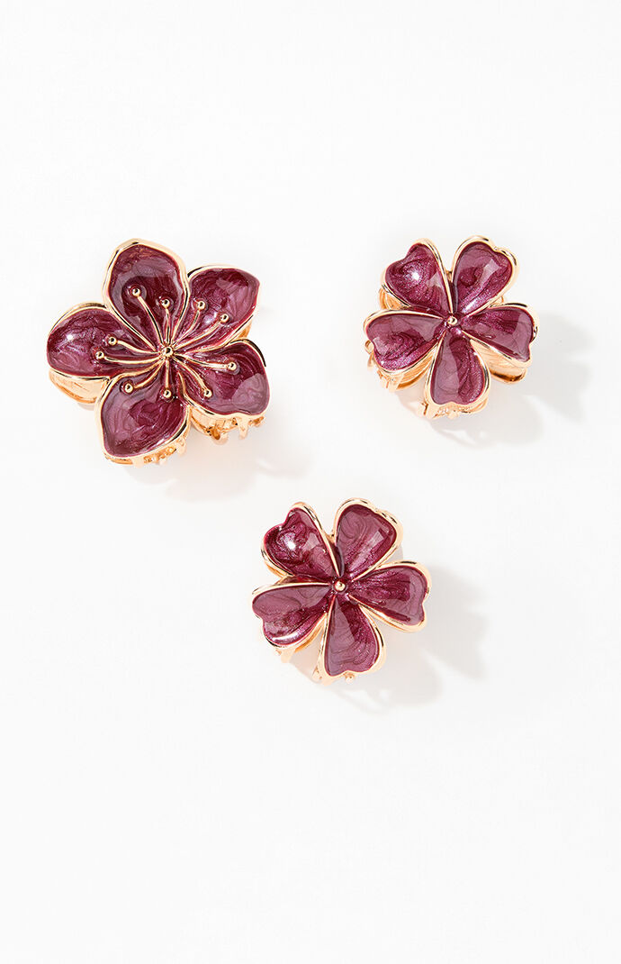LA Hearts 3 Pack Burgundy Metal Plumeria Hair Claw Clips