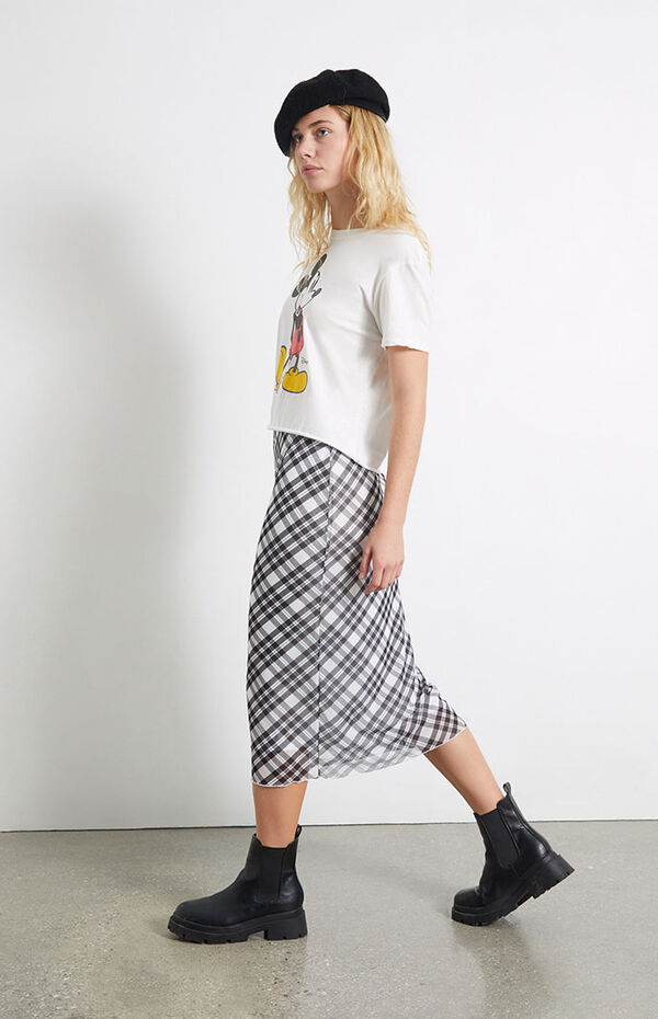 Plaid Mesh Midi Skirt