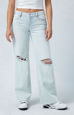 Eco Light Indigo Ripped Low Rise Wide Leg Jeans image number 2