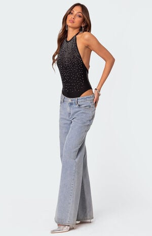 Open Back Mesh Rhinestone Bodysuit image number 5