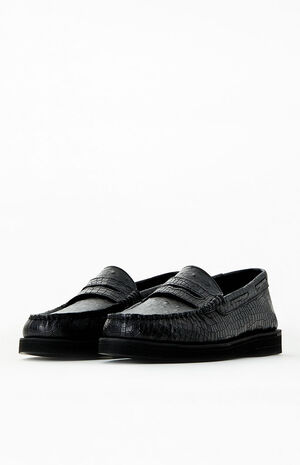 Black Eco Authentic Original Penny Double Sole Croc Embossed Loafers image number 2