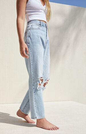 Light Blue Ripped High Waisted Straight Leg Jeans image number 3