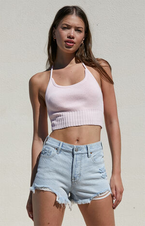 Light Indigo Ripped High Waisted Denim Festival Shorts image number 3