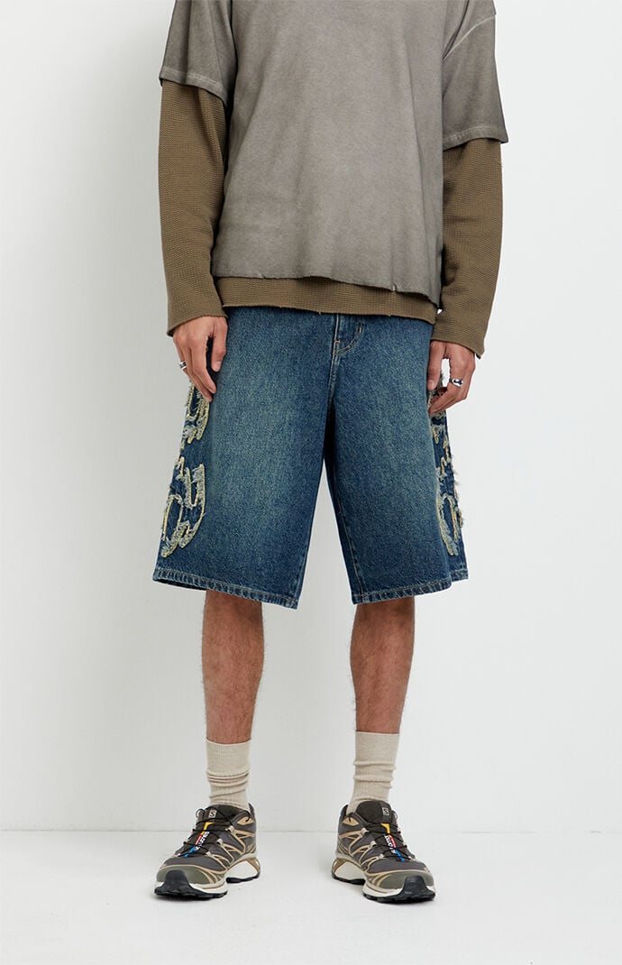 Pacsun Austin Extreme Baggy Jean Shorts Cyber Applique Dark Blue