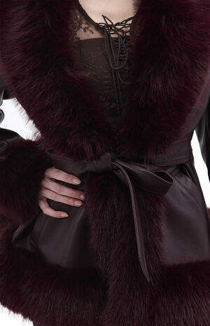 Kenzy Burgundy Faux Leather & Fur Belted Coat image number 4