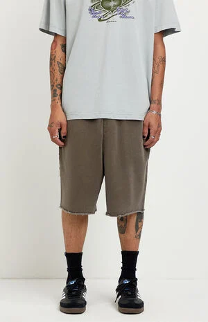 Washed Brown Fleece Raw Baggy Sweat Shorts image number 2