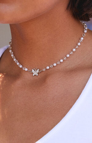 Silver Pearl Butterfly Choker Necklace image number 2