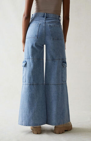 Light Indigo Extreme Wide Leg Cargo Jeans image number 4