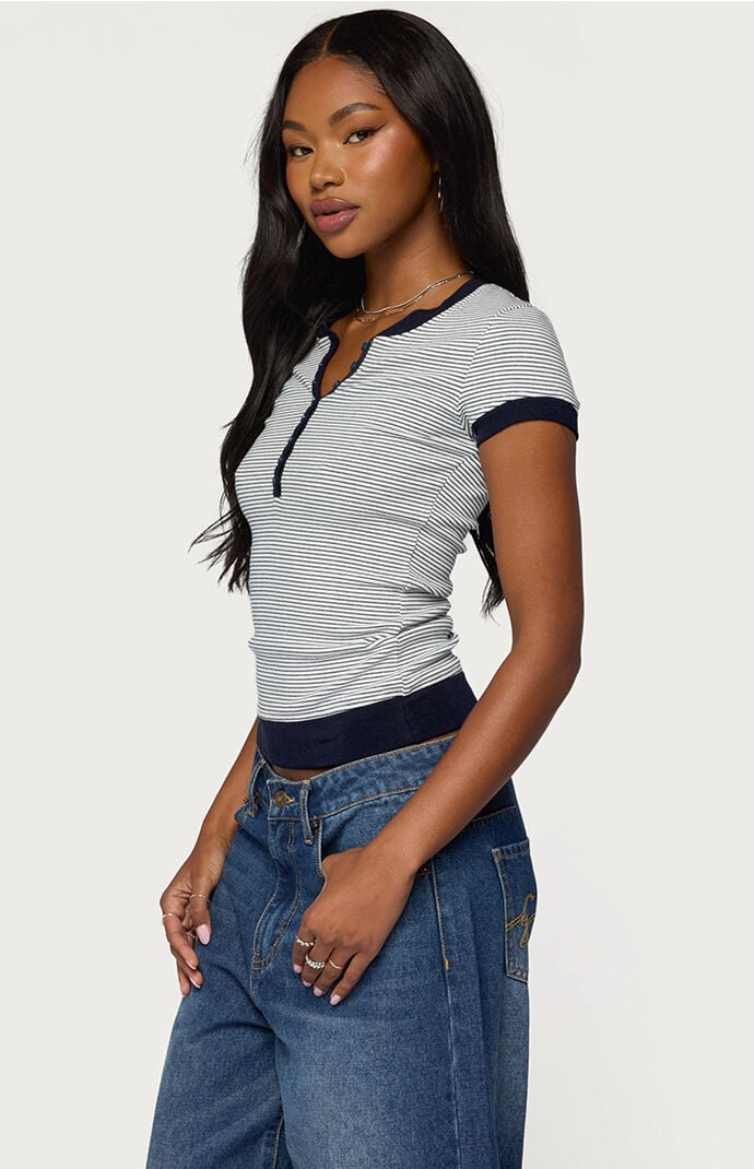 Edikted Regin Striped Ribbed Henley Top