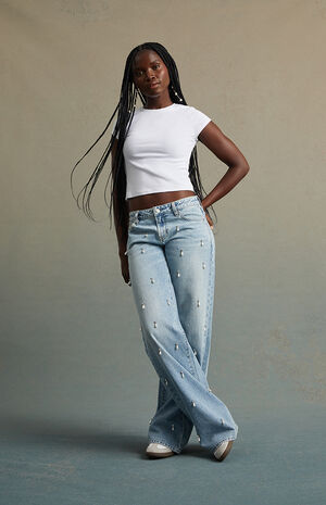 Light Indigo Pearl & Rhinestone Low Rise Baggy Jeans image number 5