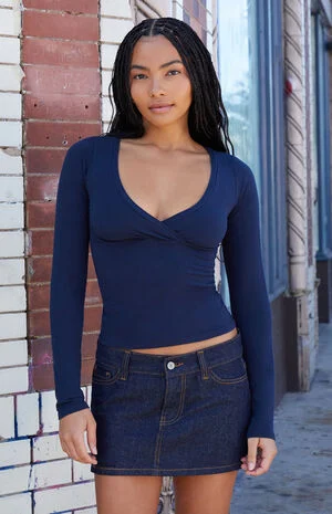 Navy Amara Surplice Long Sleeve Top image number 1