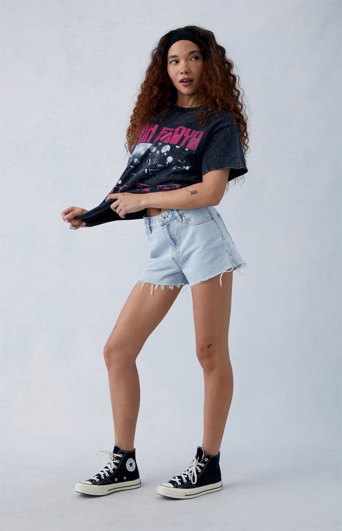 PacSun Eco Light Indigo Ripped Studded High Waisted Denim Festival Shorts PacSun
